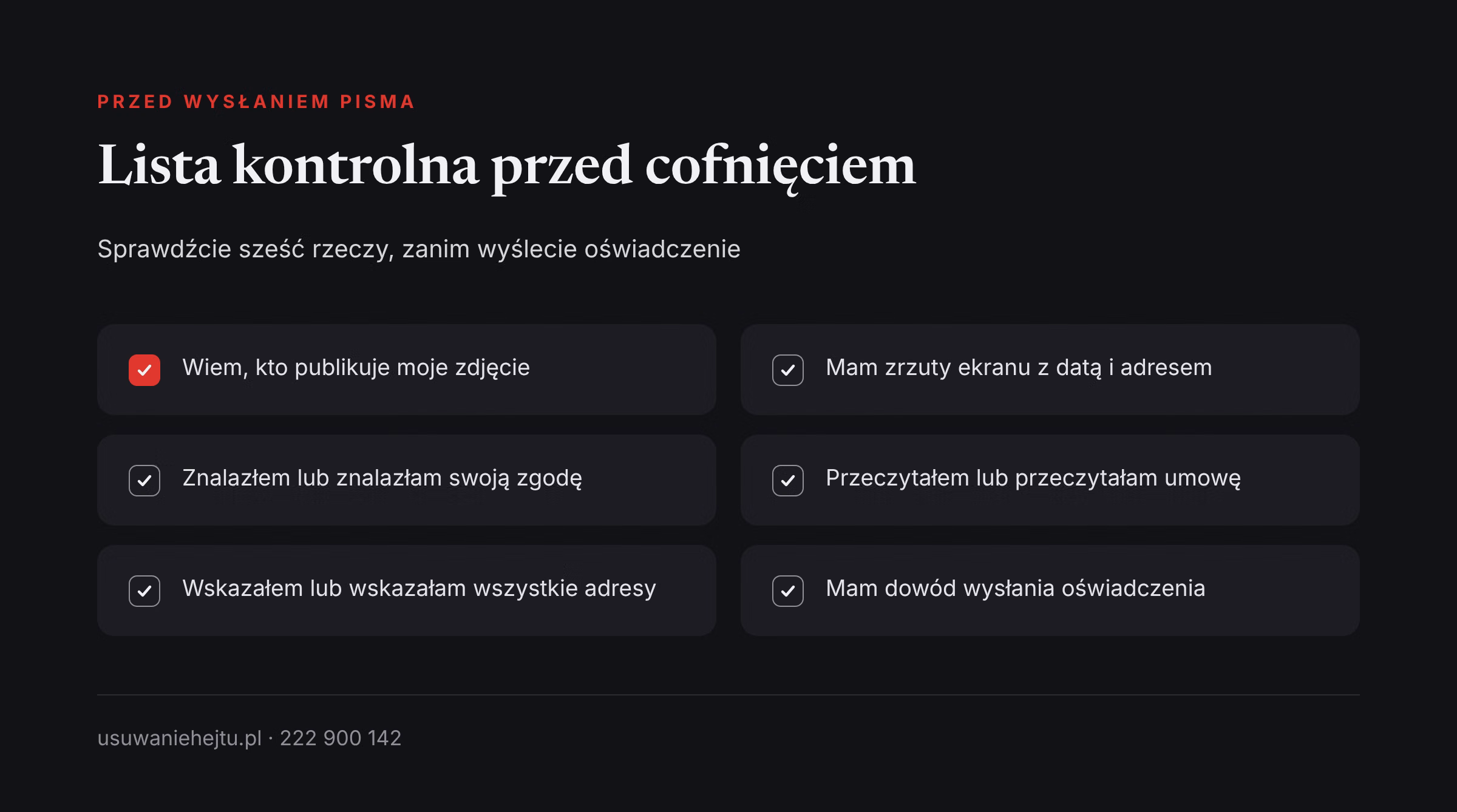 Lista kontrolna przed cofnięciem zgody Cofnięcie zgody na wizerunek: lista kontrolna, którą warto przejść przed wysłaniem oświadczenia o odwołaniu zgody