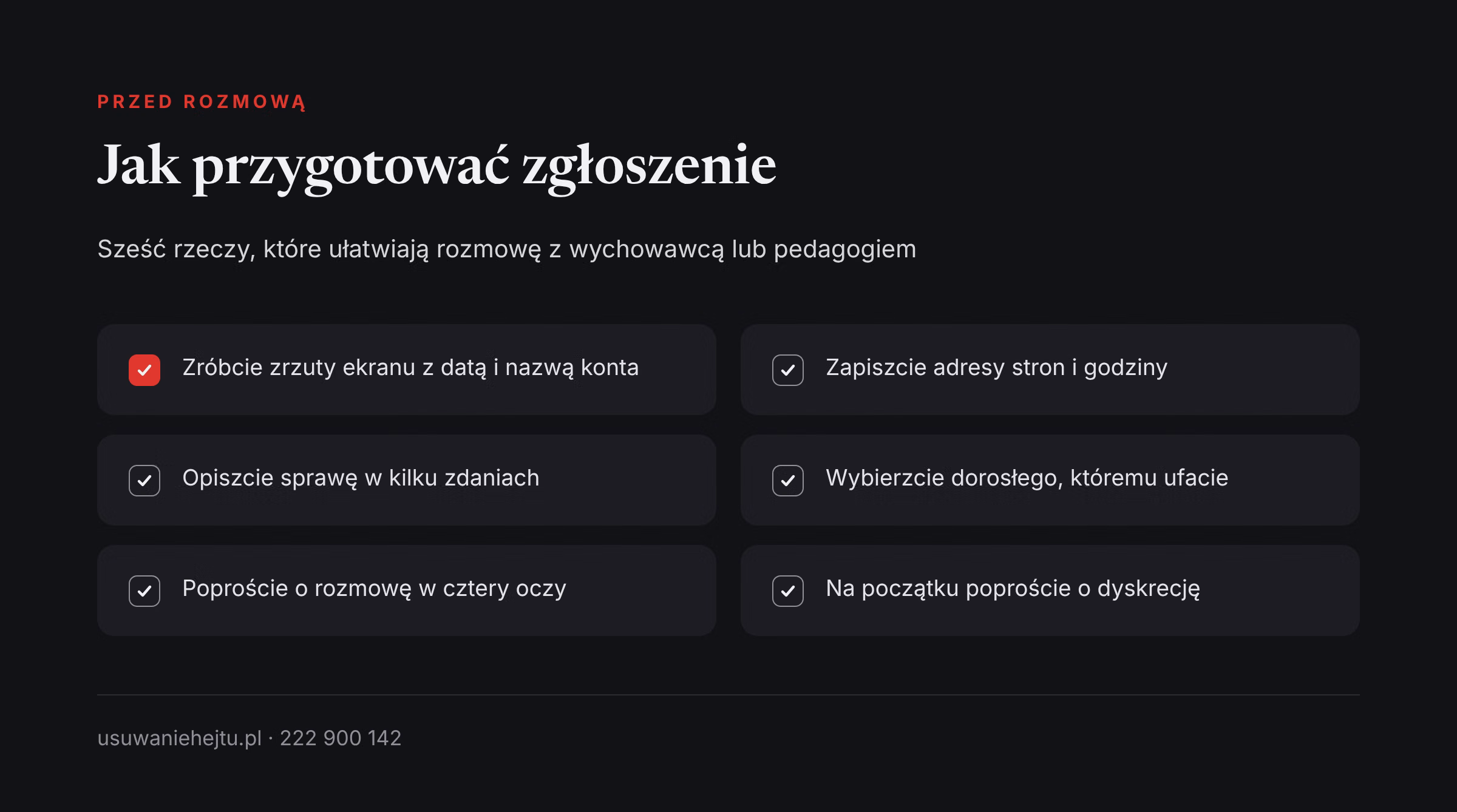 Lista kroków przed zgłoszeniem hejtu wychowawcy lub pedagogowi w szkole: dowody, opis i prośba o dyskrecję