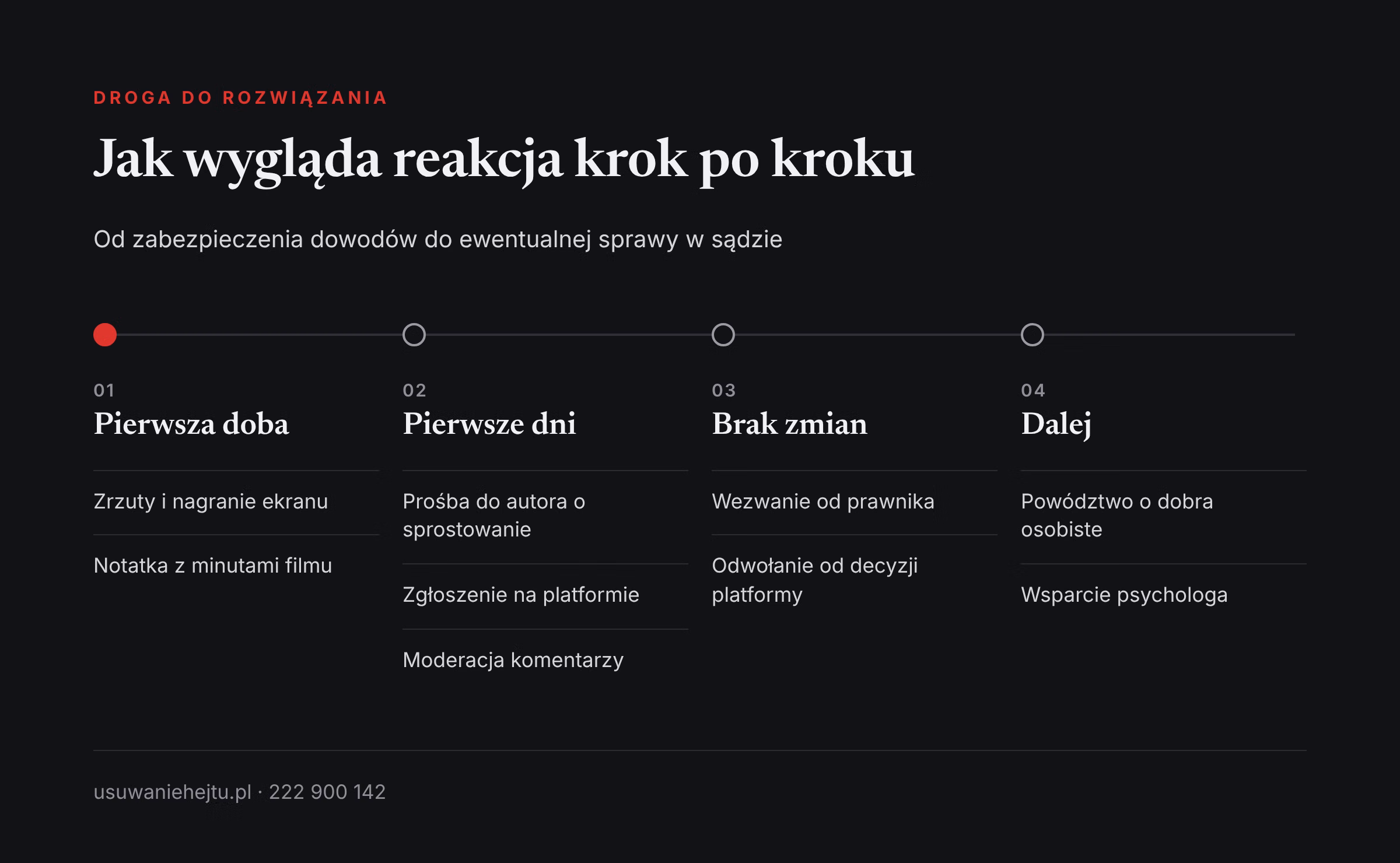 Oś działań po filmie z dramą Kanały z dramami: oś działań od zabezpieczenia dowodów, przez zgłoszenie na platformie, po wezwanie i sąd