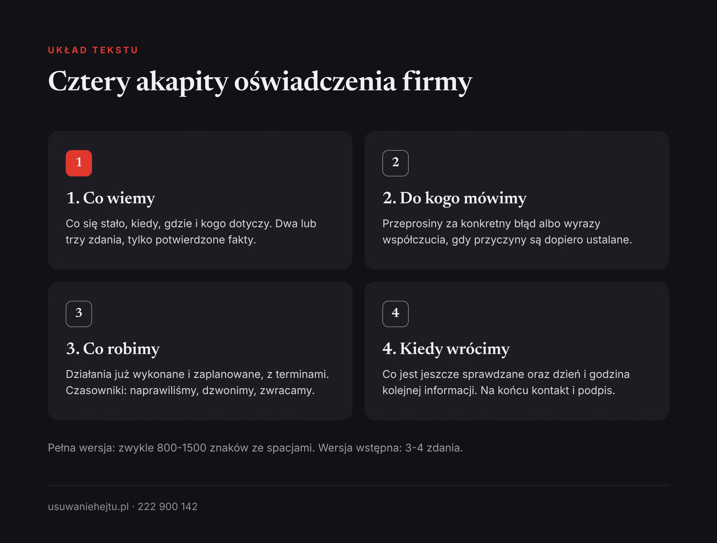Oświadczenie firmy wzór układu: cztery akapity o faktach, osobach poszkodowanych, działaniach i terminie informacji