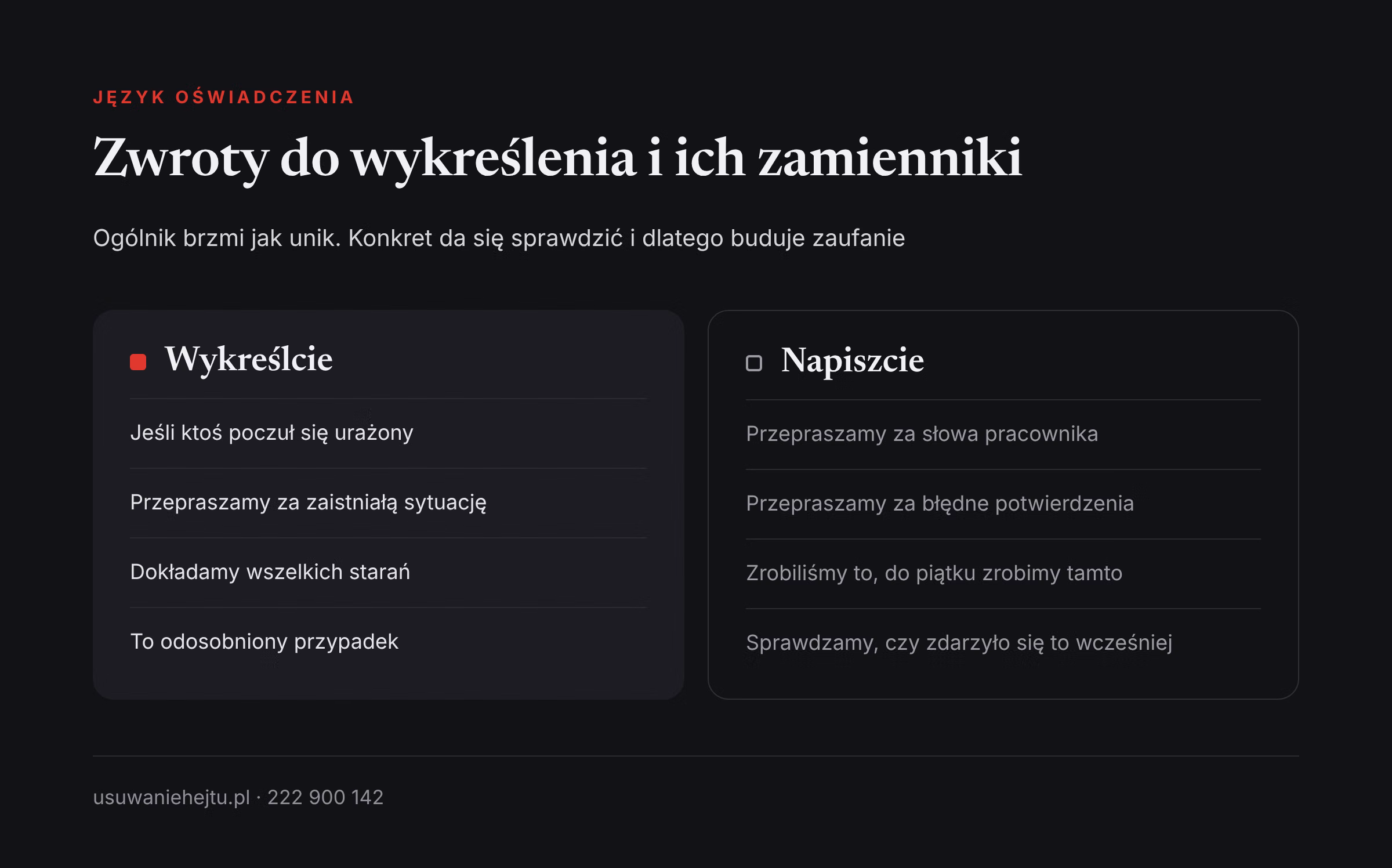 Oświadczenie firmy wzór dobrych zdań: zwroty do wykreślenia z komunikatu i konkretne sformułowania w zamian