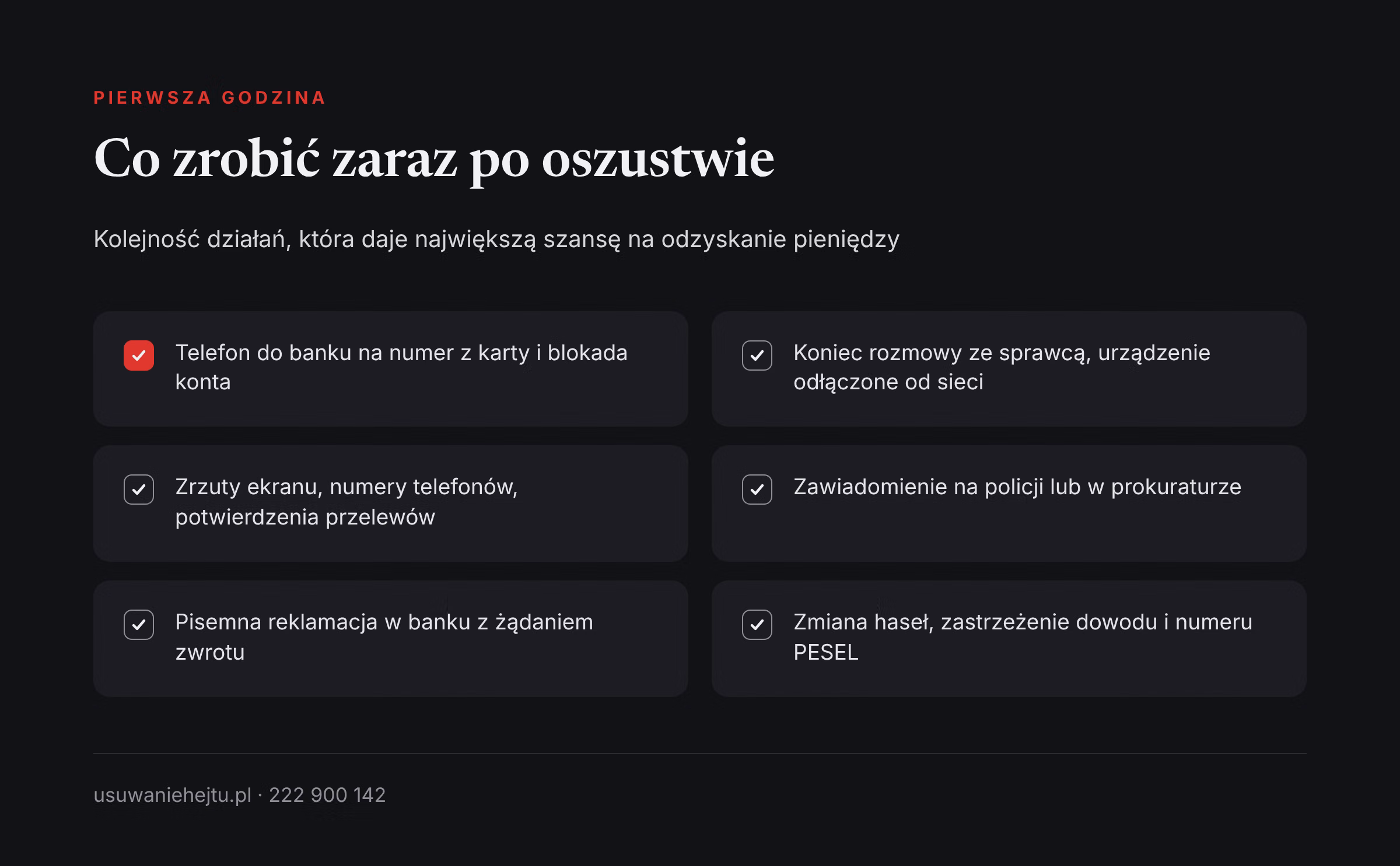 Pierwsza godzina po oszustwie internetowym Oszustwa internetowe: sześć działań w pierwszej godzinie po utracie pieniędzy, od telefonu do banku po zastrzeżenie PESEL.
