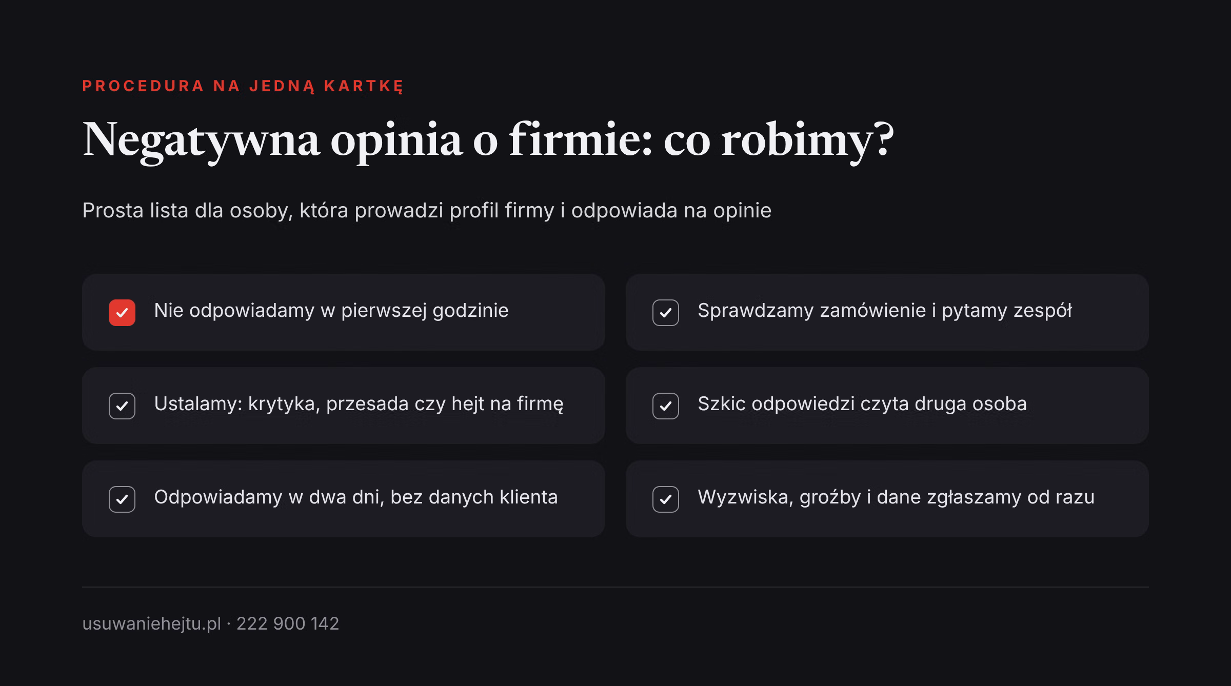 Procedura odpowiadania na negatywne opinie Procedura firmy na negatywne opinie klientów w sześciu punktach: od sprawdzenia faktów do zgłoszenia hejtu