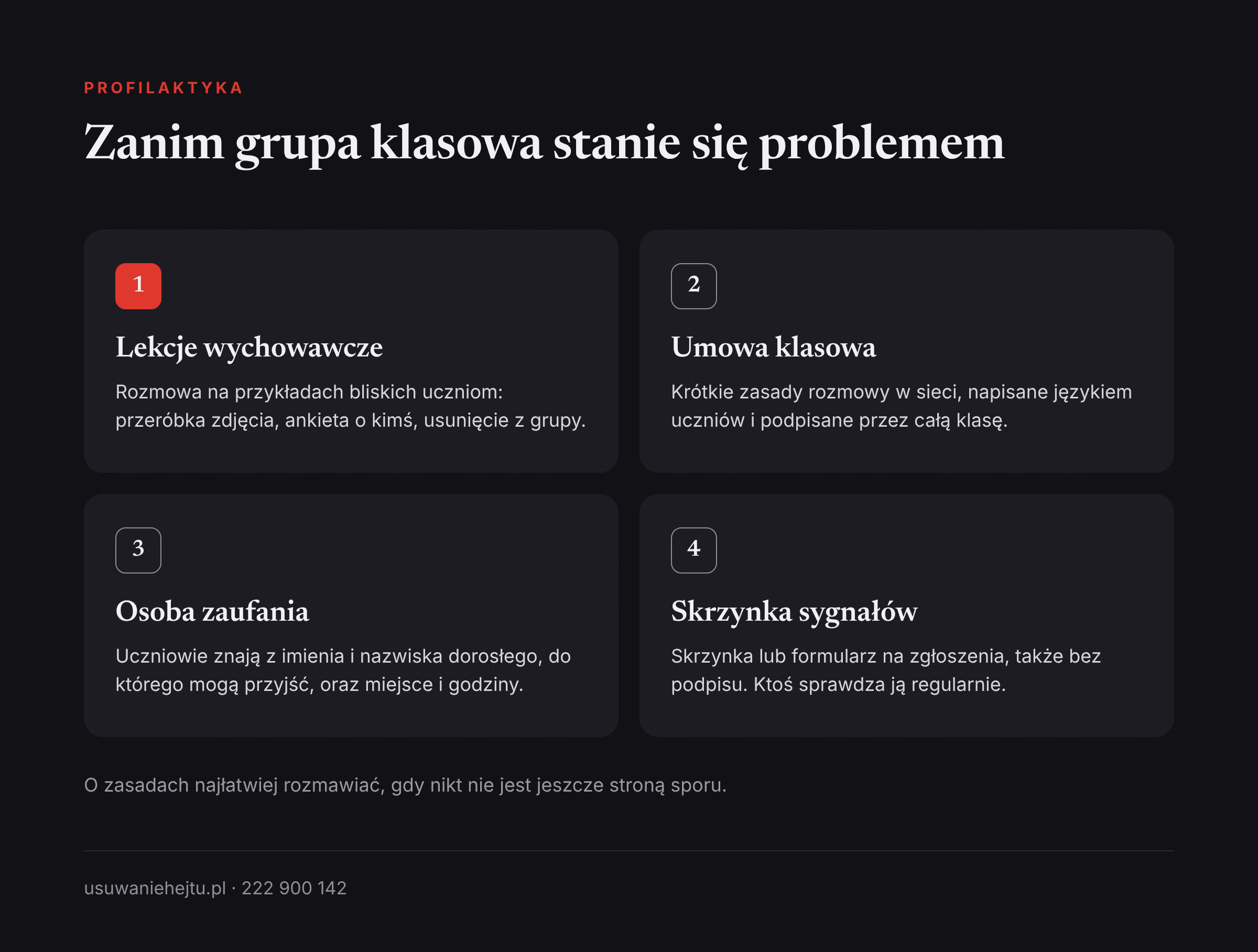 Profilaktyka hejtu w grupie klasowej: lekcje wychowawcze, umowa klasowa, osoba zaufania i skrzynka sygnałów w szkole