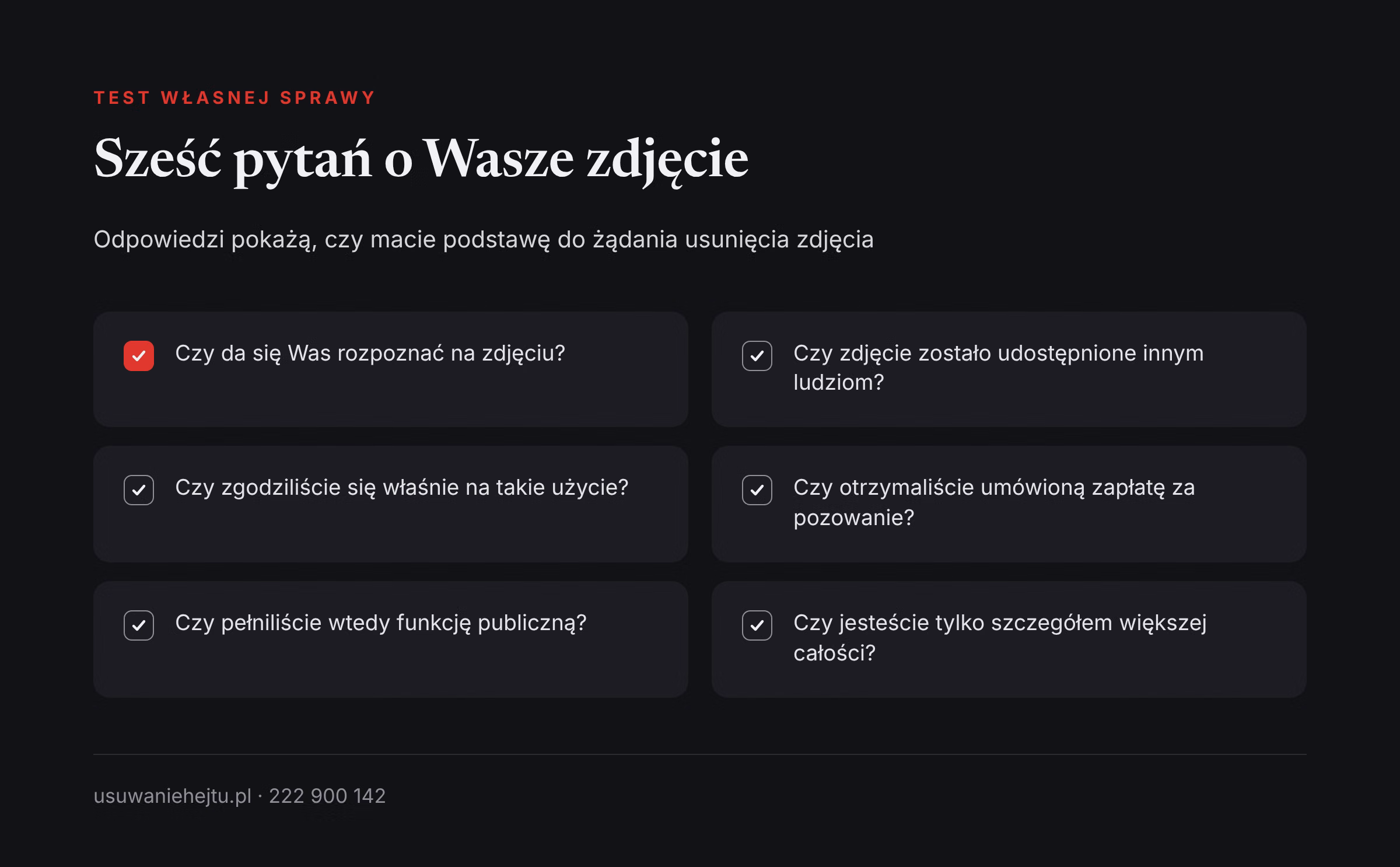 Sześć pytań o publikację zdjęcia bez zgody Sześć pytań, które pomagają ocenić, czy publikacja wizerunku bez zgody mieści się w wyjątkach z ustawy, czy je przekracza