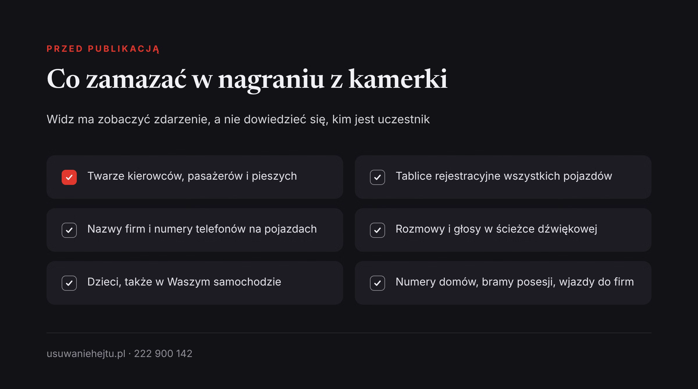Co zamazać przed publikacją nagrania z kamerki Publikacja nagrania z wideorejestratora wymaga zamazania twarzy, tablic, napisów na pojazdach i wyciszenia rozmów