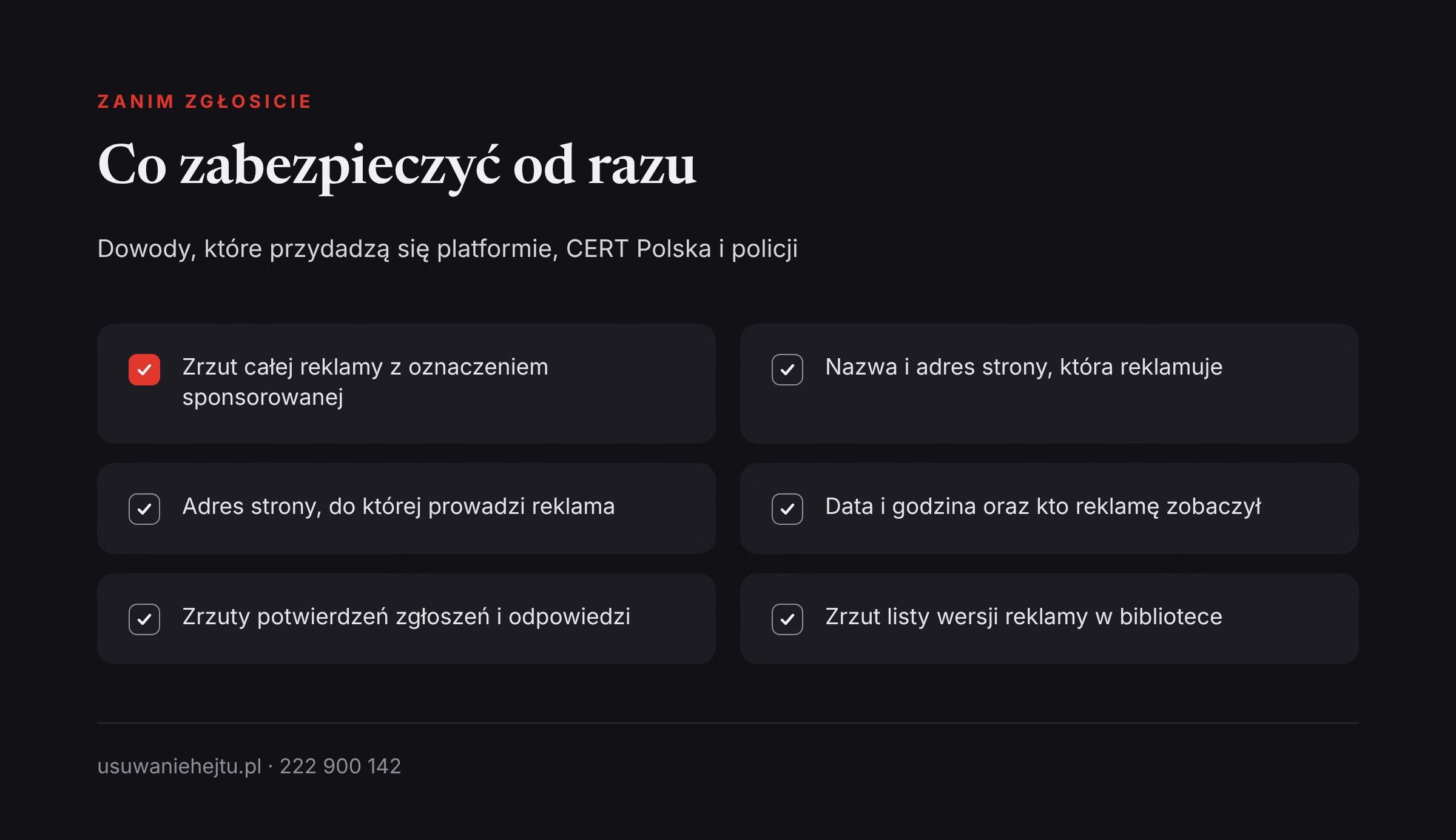 Lista dowodów, które trzeba zabezpieczyć, gdy fałszywa reklama na Facebooku wykorzystuje Wasz wizerunek