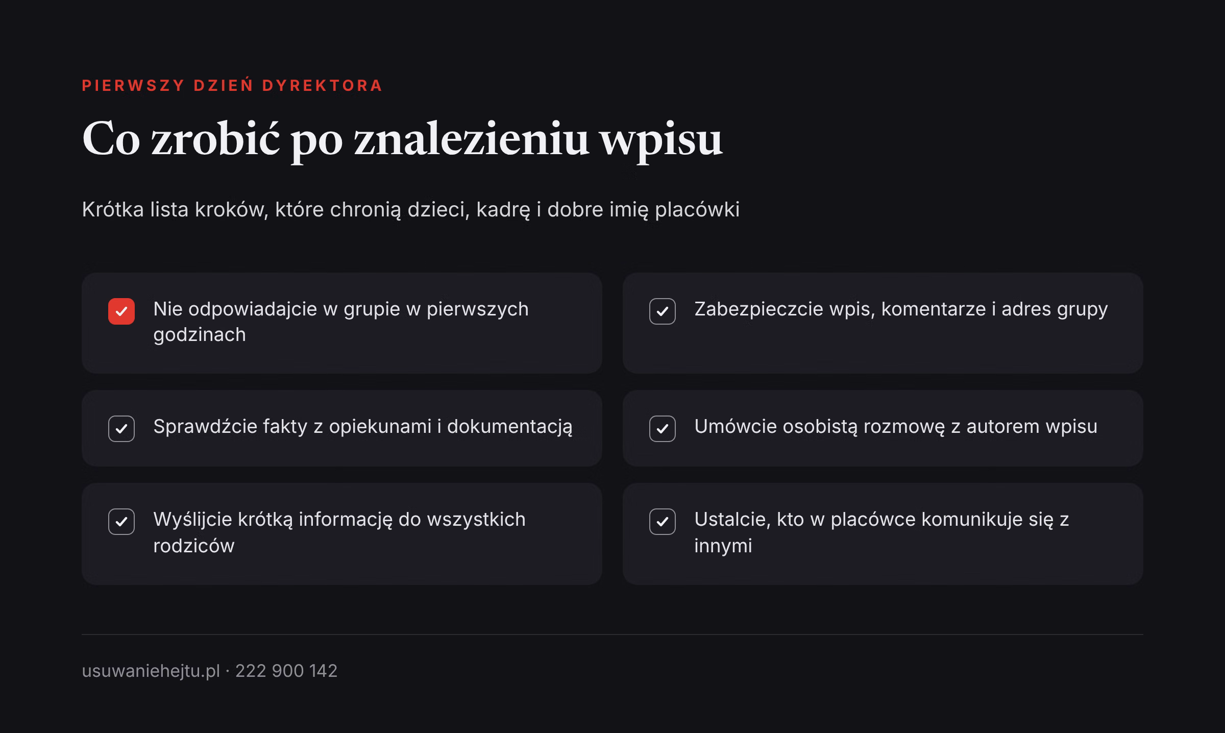 Plan dyrektora po wpisie rodzica Hejt na przedszkole prywatne: lista kroków dyrektora po znalezieniu wpisu rodzica, od zabezpieczenia dowodów po rozmowę
