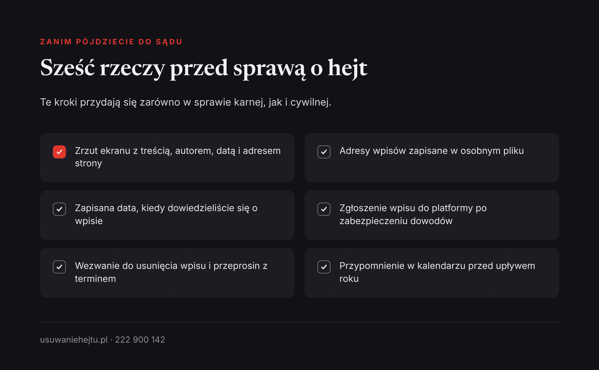 Co zrobić przed sprawą o zniesławienie lub zniewagę Lista kroków przed sprawą o zniesławienie lub zniewagę w internecie: dowody, zgłoszenie, wezwanie, terminy