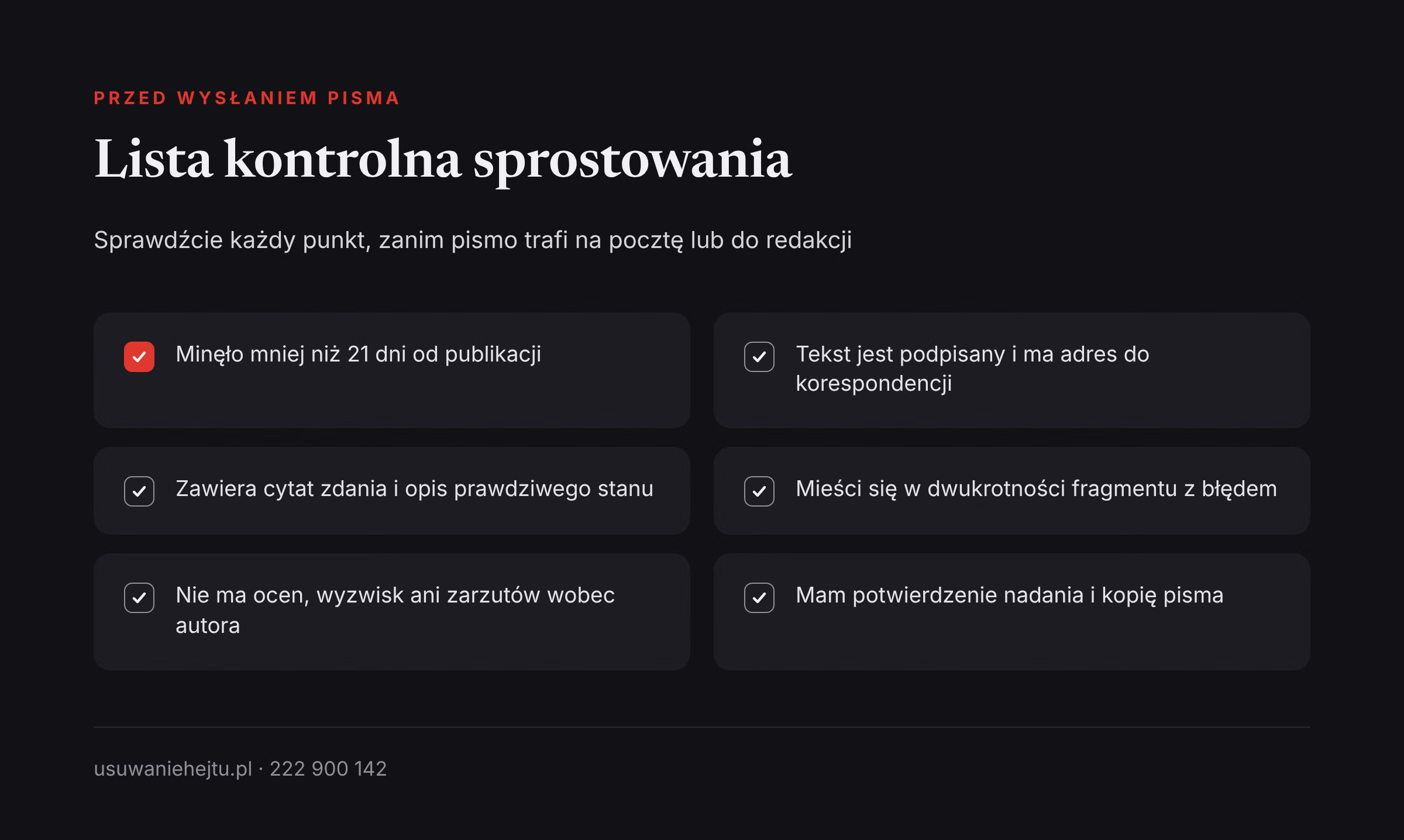 Sprostowanie prasowe wzór: lista kontrolna terminów, podpisu, objętości i rzeczowości przed wysłaniem pisma