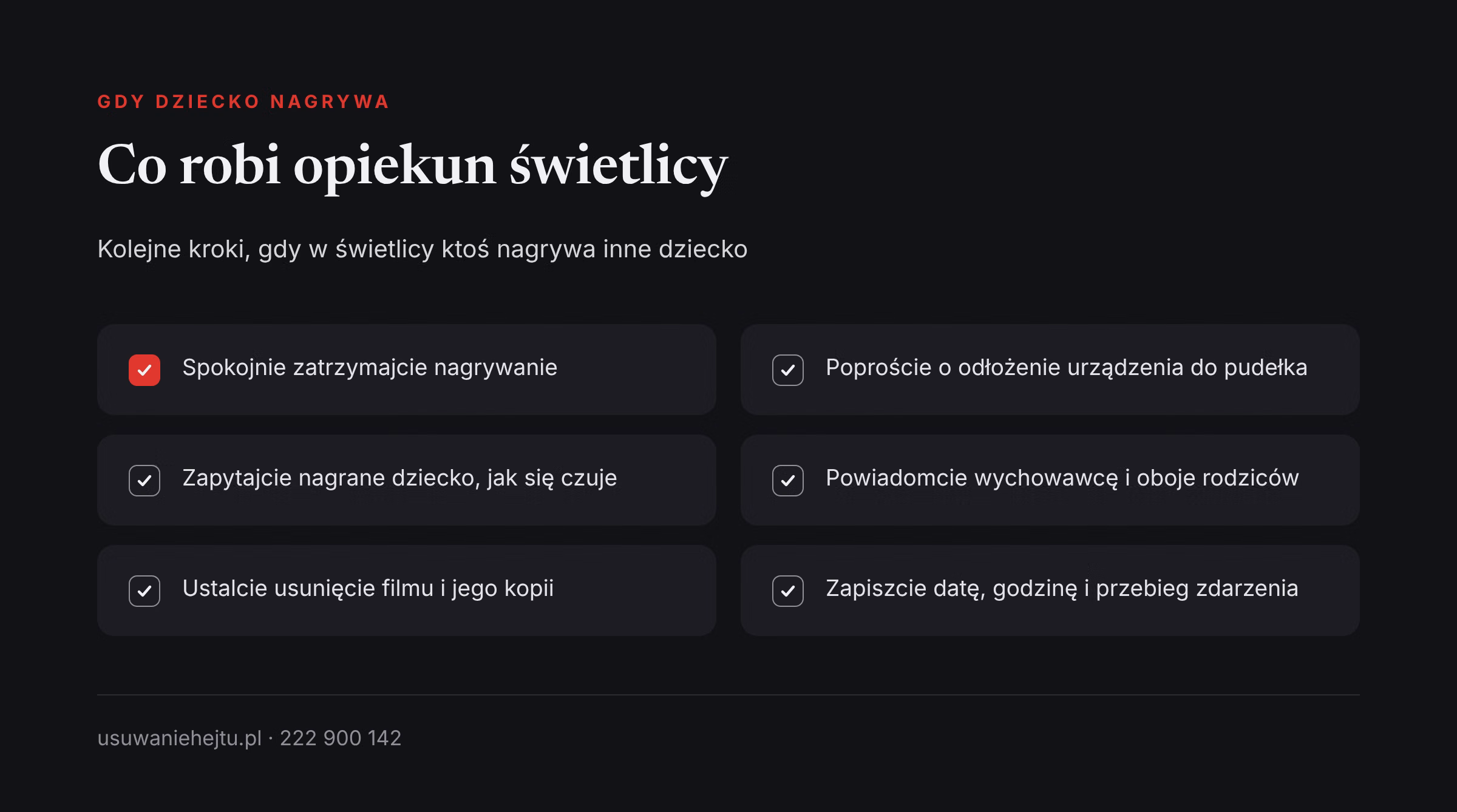 Dziecko nagrywa w świetlicy: kroki Lista kroków dla opiekuna: co zrobić, gdy w świetlicy szkolnej dziecko nagrywa telefonem inne dziecko bez zgody