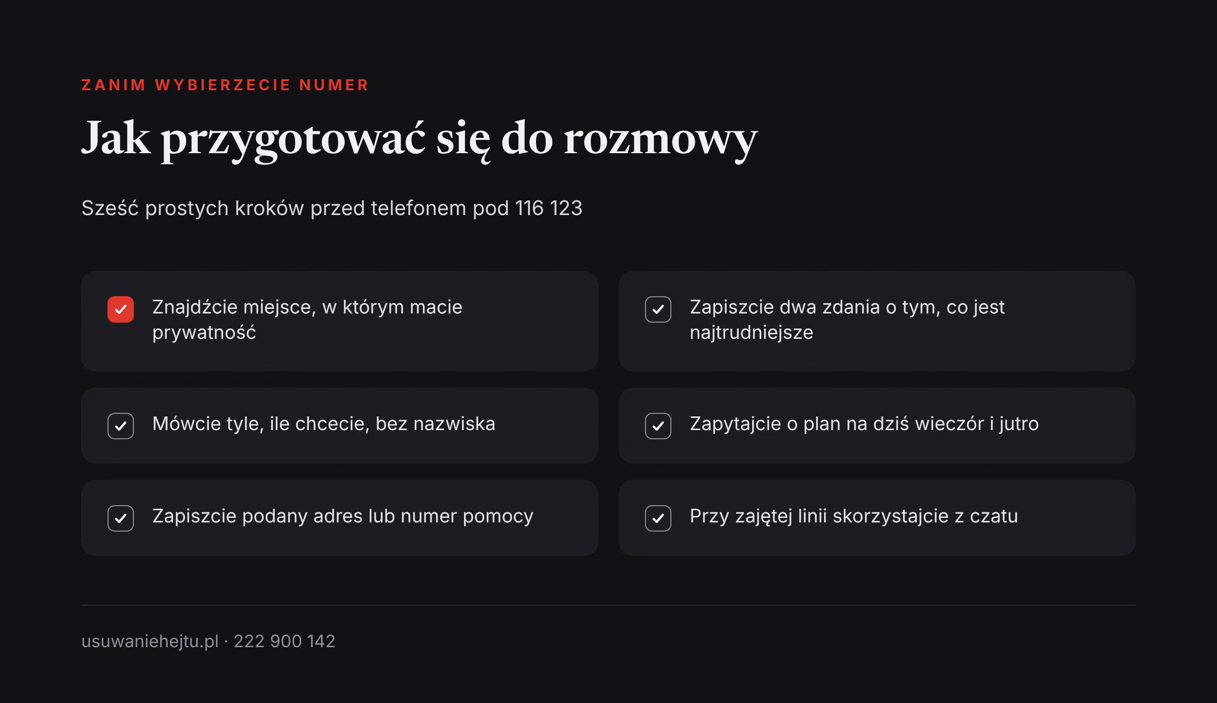 Przygotowanie do rozmowy pod 116 123 116 123 telefon zaufania: sześć kroków, które pomagają dorosłym przygotować się do pierwszej rozmowy po hejcie