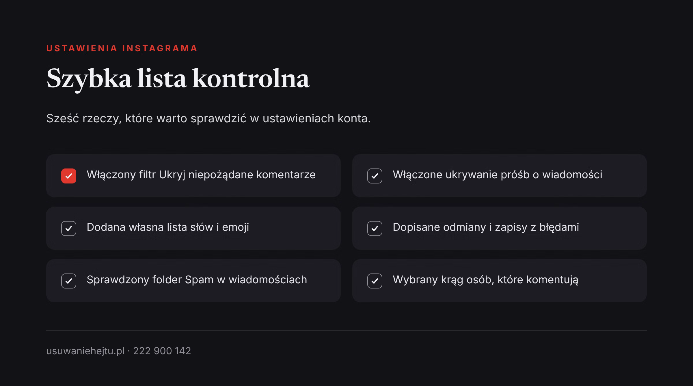 Lista kontrolna Ukrytych słów Lista kontrolna ustawień, dzięki której ukryte słowa Instagram skuteczniej chronią przed obraźliwymi komentarzami