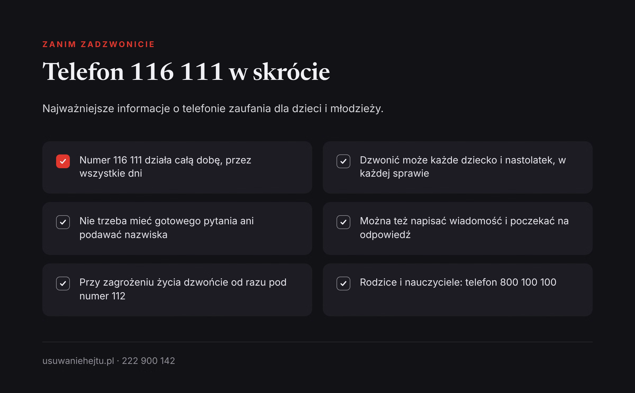 Telefon 116 111 w skrócie Najważniejsze informacje o telefonie zaufania 116 111 dla dzieci i młodzieży: kiedy działa i jak zadzwonić