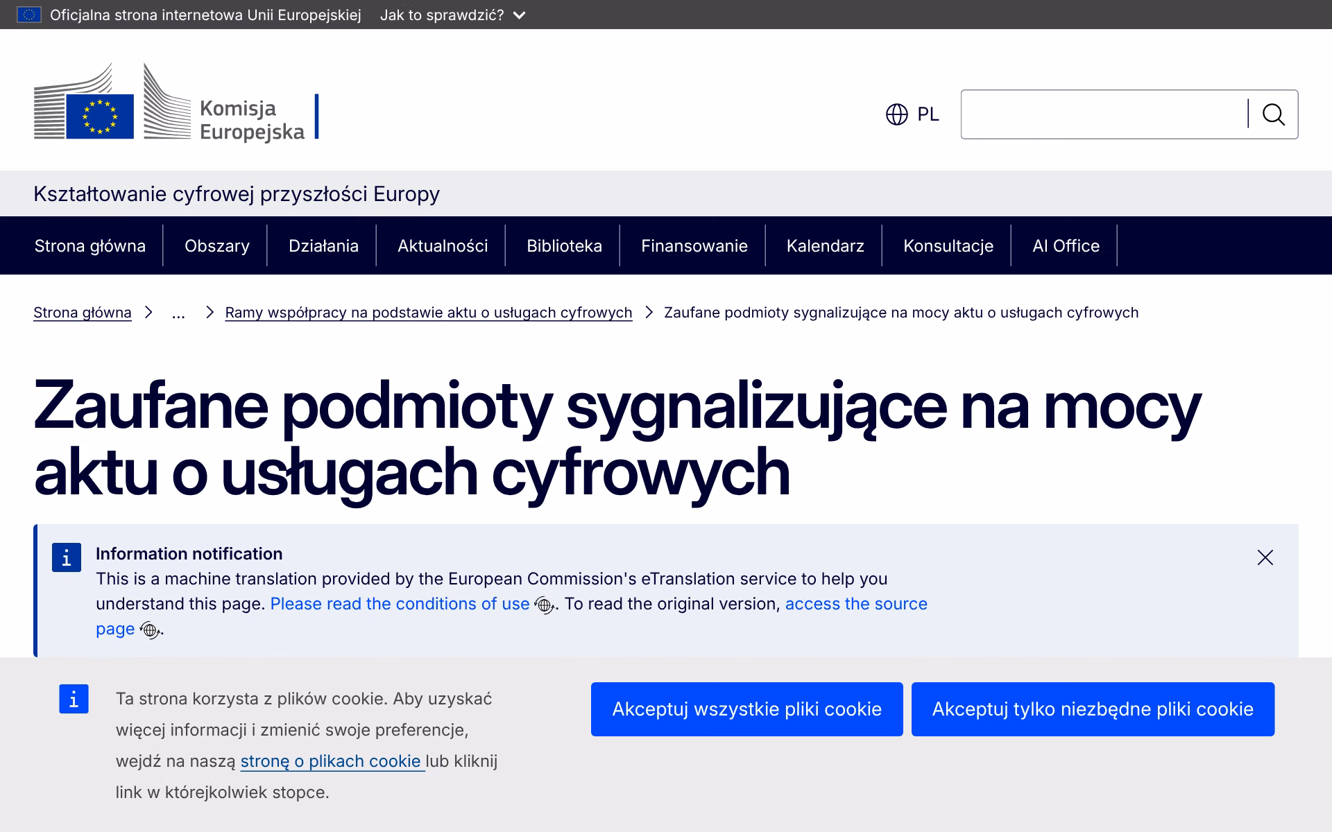 Strona Komisji Europejskiej z wykazem, w którym można znaleźć zaufany podmiot sygnalizujący według kraju i dziedziny