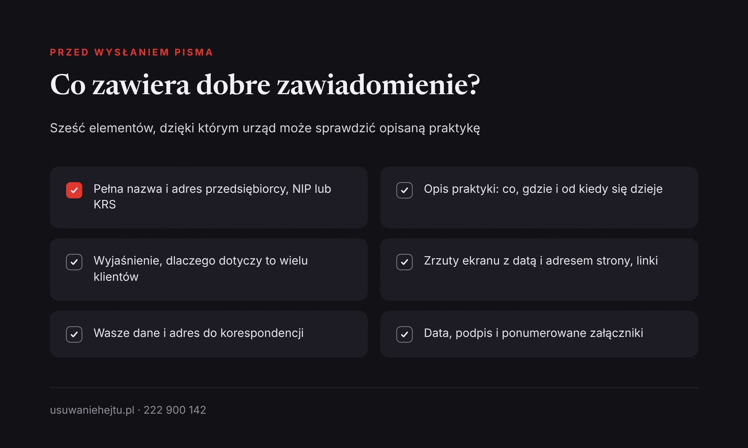 Co zawiera zawiadomienie do UOKiK: lista Zawiadomienie do UOKiK w sprawie opinii: sześć elementów pisma, od danych przedsiębiorcy po dowody i podpis