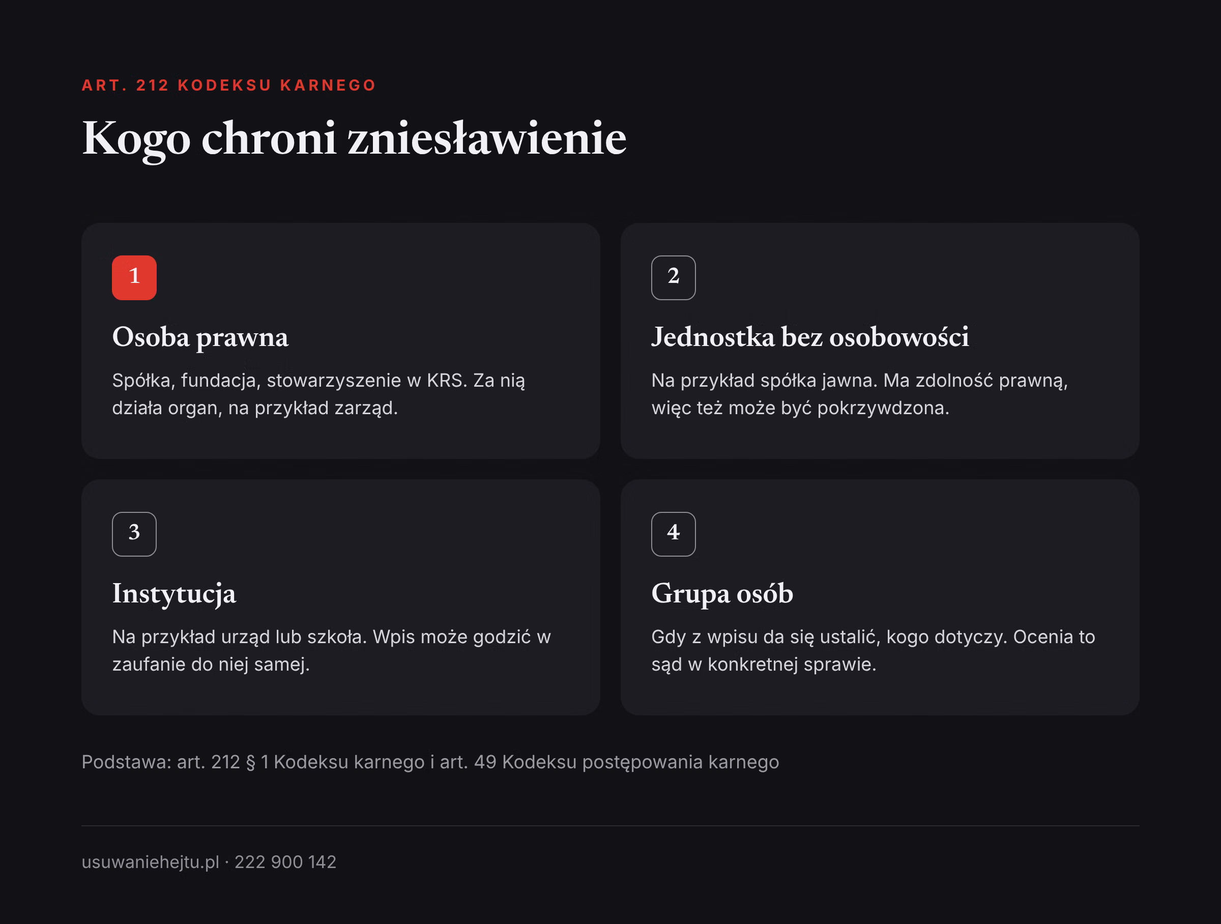 Kogo chroni przepis o zniesławieniu Zniesławienie firmy i instytucji: osoba prawna, jednostka bez osobowości, instytucja i grupa osób jako pokrzywdzeni