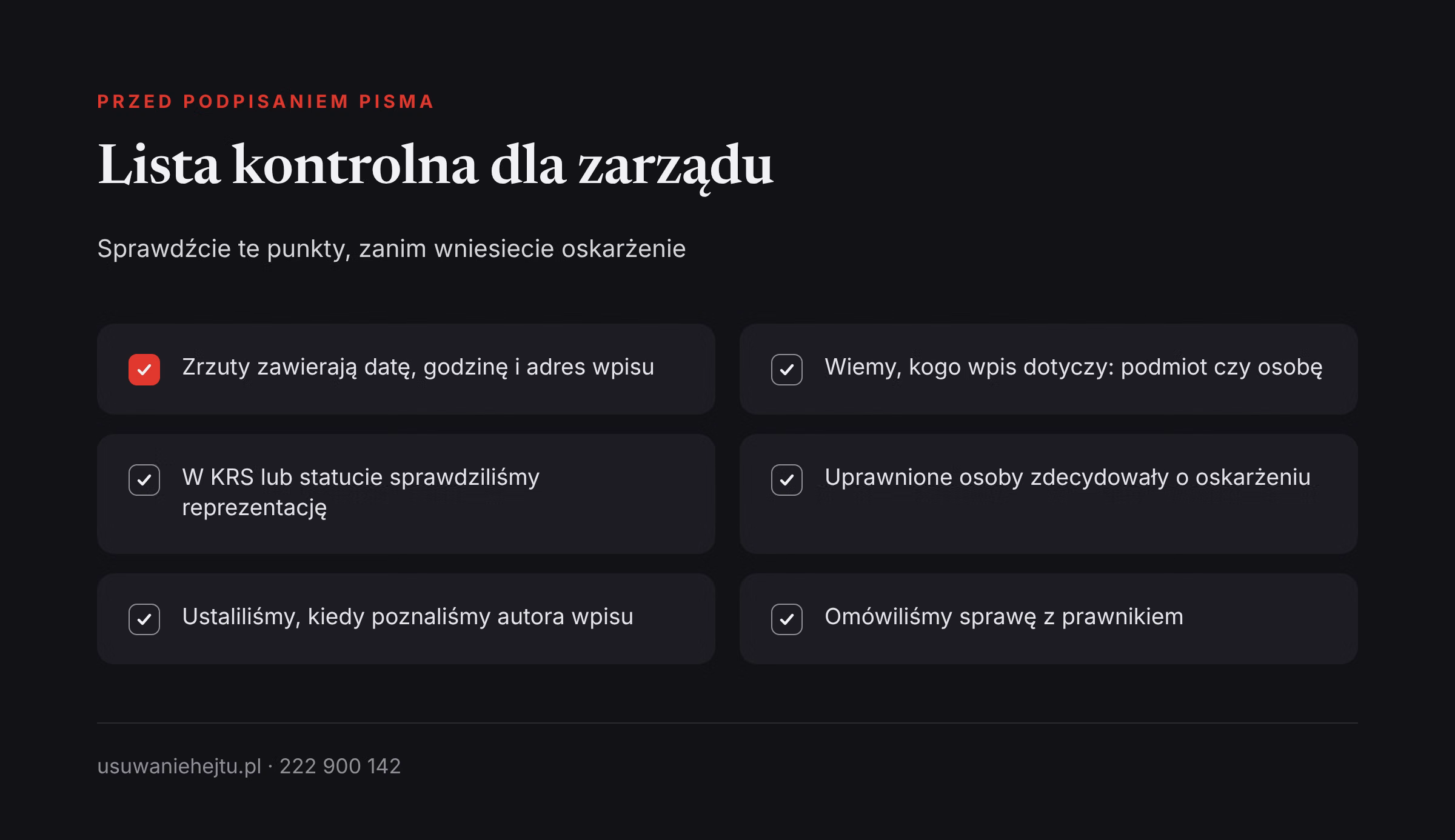 Lista kontrolna przed skargą o zniesławienie Lista kontrolna dla zarządu przed wniesieniem sprawy o zniesławienie firmy, spółki lub szkoły do sądu