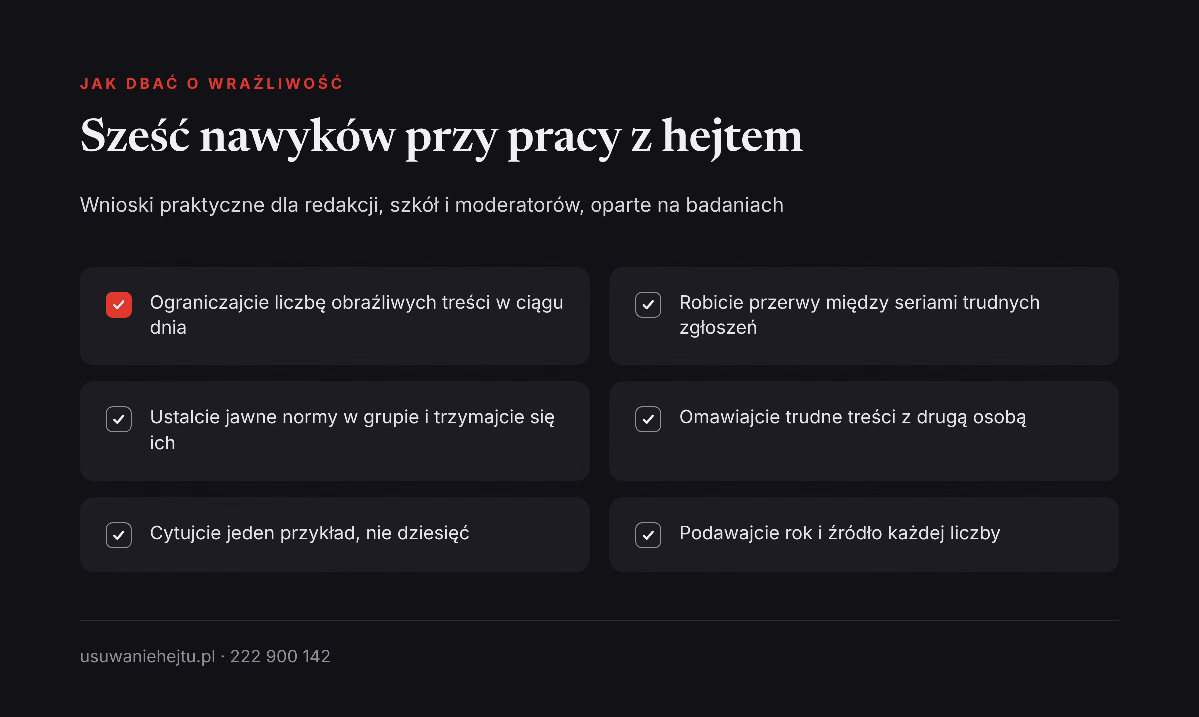 Nawyki przy pracy z hejtem Sześć nawyków, które pomagają zachować wrażliwość na mowę nienawiści podczas pracy z hejtem w sieci